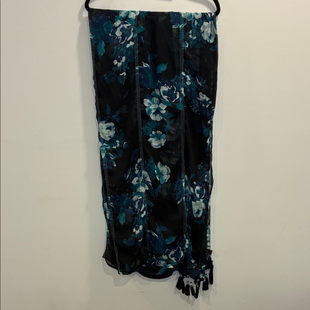 Tassel Floral Black and Teal Scarf